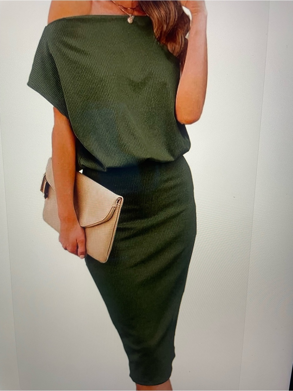 One-Shoulder Olive Green Ribbed Midi Dress - Women